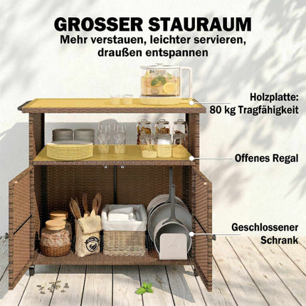 Rattan Kitchen Cart with Eucalyptus Top and Wheels