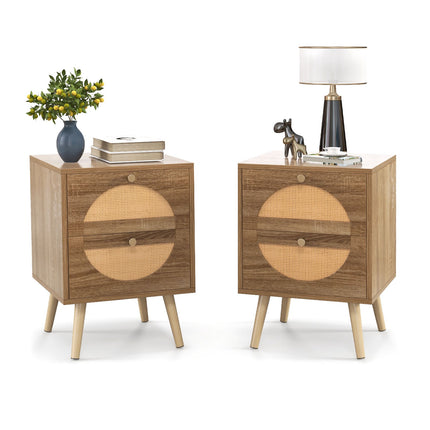 Rattan Nightstand Set, 2 Drawers, Natural, 2-Piece