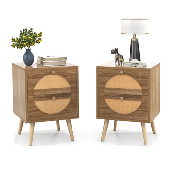Rattan Nightstand Set, 2 Drawers, Natural, 2-Piece