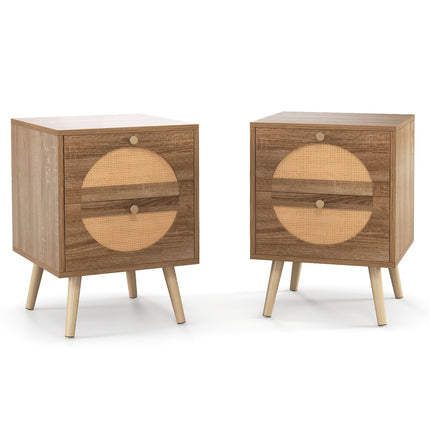 Rattan Nightstand Set, 2 Drawers, Natural, 2-Piece