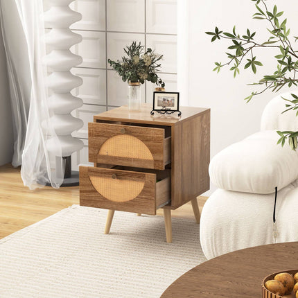 Rattan Nightstand Set, 2 Drawers, Natural, 2-Piece