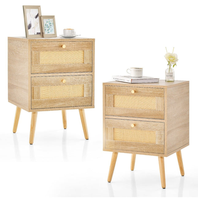 Rattan Nightstand Set, Boho Style, 2 Drawers, Wood Legs