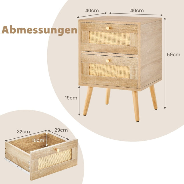 Rattan Nightstand Set, Boho Style, 2 Drawers, Wood Legs