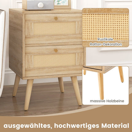 Rattan Nightstand Set, Boho Style, 2 Drawers, Wood Legs