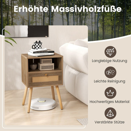 Rattan Nightstand Set of 2 with Drawer & Shelf, 40x30x60.5 cm