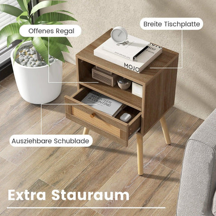 Rattan Nightstand Set of 2 with Drawer & Shelf, 40x30x60.5 cm