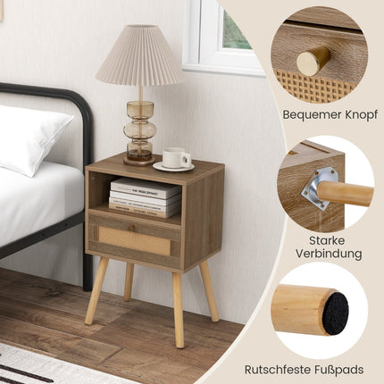 Rattan Nightstand Set of 2 with Drawer & Shelf, 40x30x60.5 cm