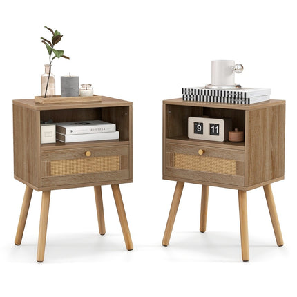 Rattan Nightstand Set of 2 with Drawer & Shelf, 40x30x60.5 cm