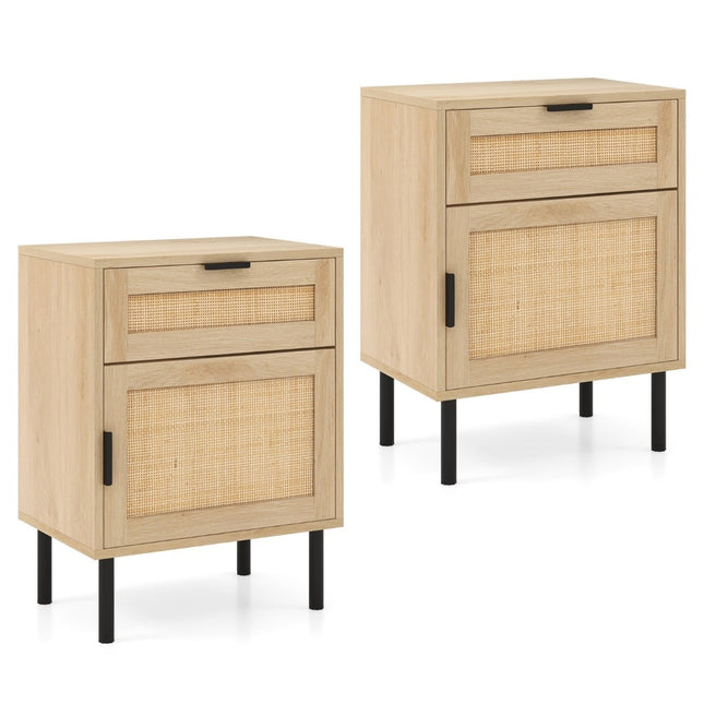 Rattan Nightstand Set of 2 with Drawer and Cabinet, 45x30x59 cm