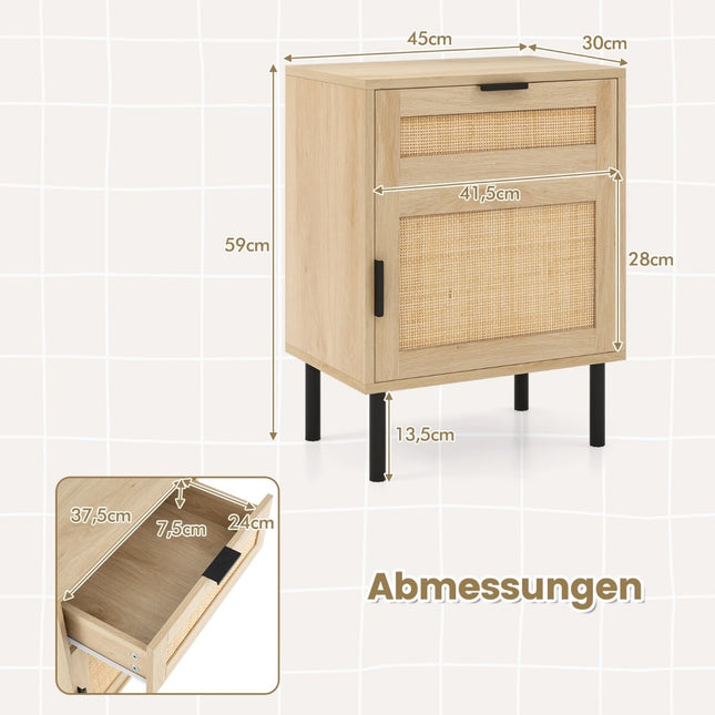 Rattan Nightstand Set of 2 with Drawer and Cabinet, 45x30x59 cm