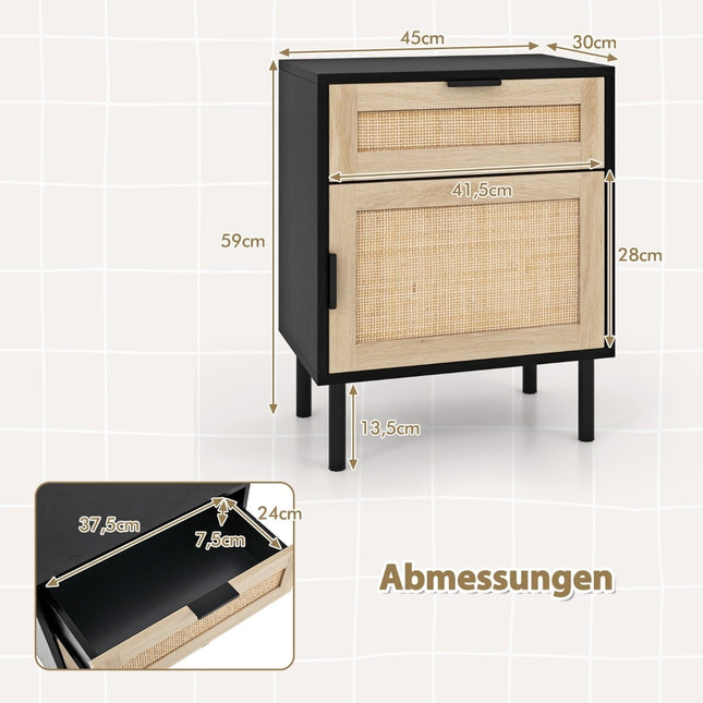 Rattan Nightstand Set of 2 with Drawer and Cabinet, Black