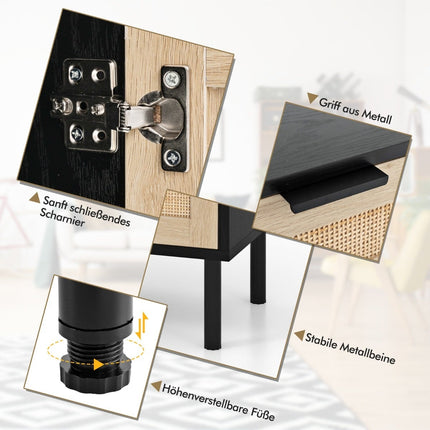Rattan Nightstand Set of 2 with Drawer and Cabinet, Black