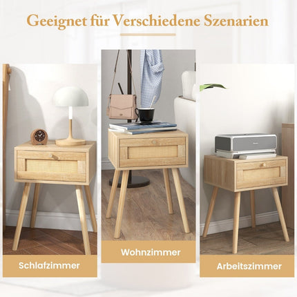 Rattan Nightstand Set with Drawer, Boho Style, 2 Pieces
