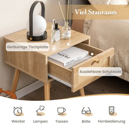 Rattan Nightstand Set with Drawer, Boho Style, 2 Pieces