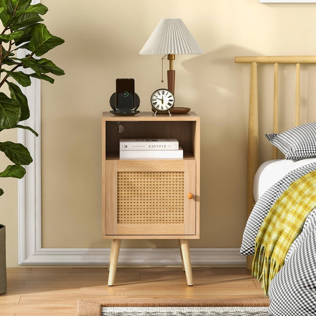 Rattan Nightstand Set with Storage, Open Shelf & Door