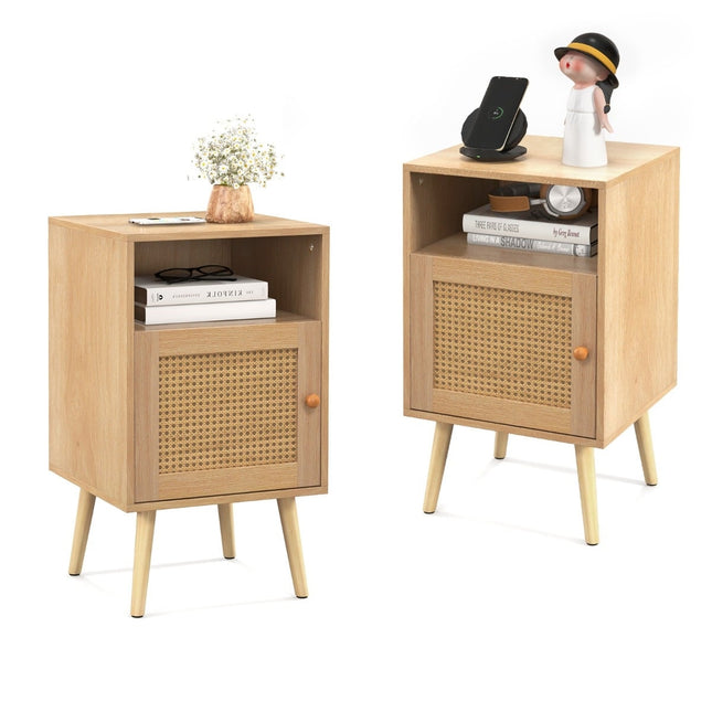 Rattan Nightstand Set with Storage, Open Shelf & Door