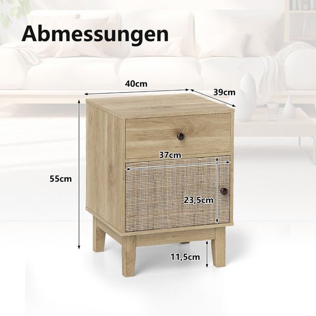 Rattan Nightstand with Drawer & Cabinet – Boho Style
