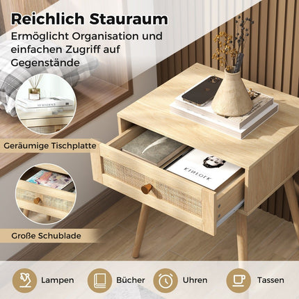 Rattan Nightstand with Drawer and Solid Wood Legs