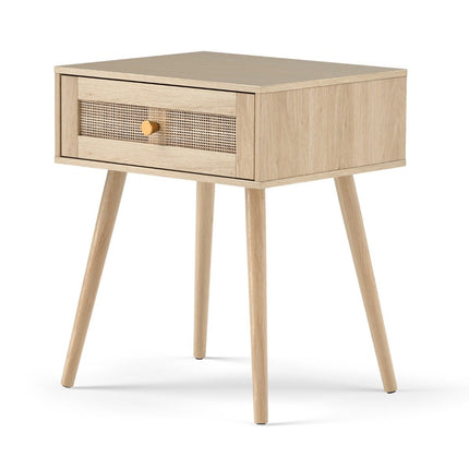 Rattan Nightstand with Drawer and Solid Wood Legs