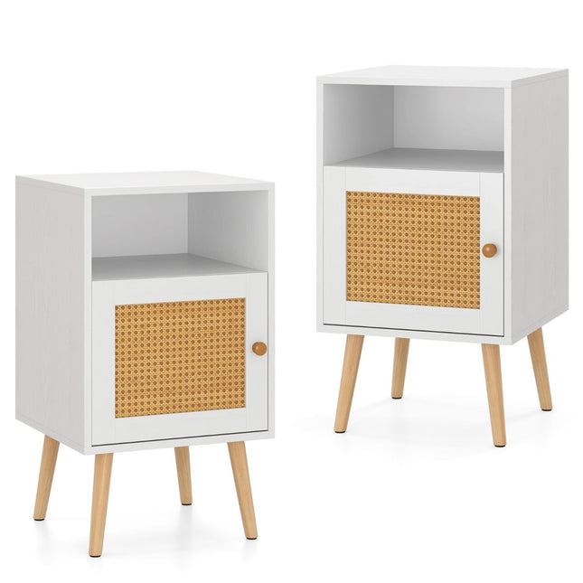Rattan Nightstand with Storage, Open Shelf & Door, 2 Pieces