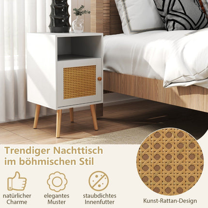 Rattan Nightstand with Storage, Open Shelf & Door, White