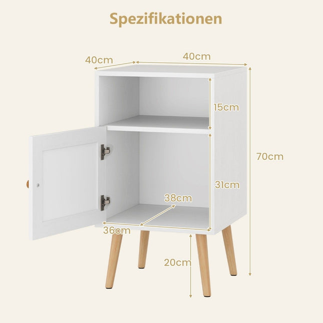 Rattan Nightstand with Storage, Open Shelf & Door, White