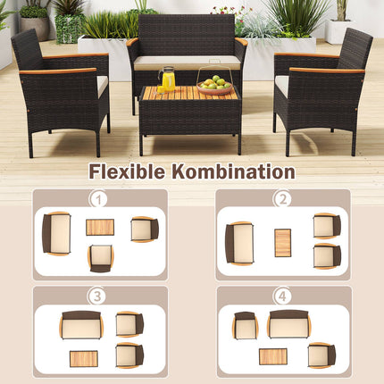 Rattan Outdoor Furniture Set with Chairs, Bench, Table & Cushions