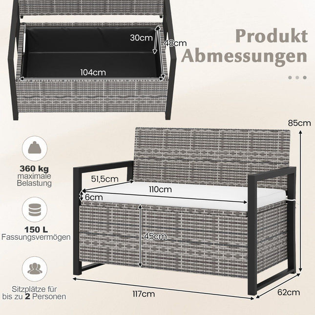 Rattan Outdoor Storage Bench with Cushion, 360kg Capacity