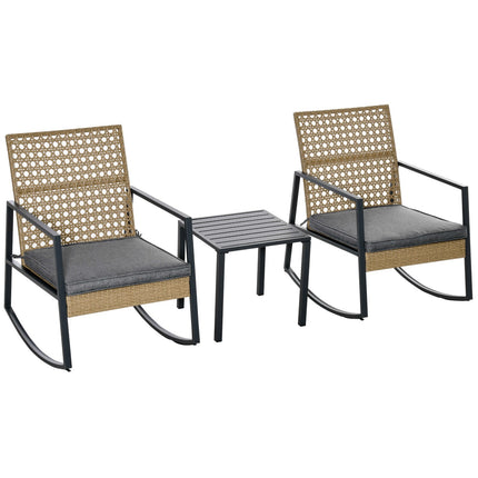 Rotting Bistro rocking chair set, 2 chairs & table, cushions