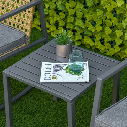 Rotting Bistro rocking chair set, 2 chairs & table, cushions