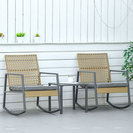 Rotting Bistro rocking chair set, 2 chairs & table, cushions