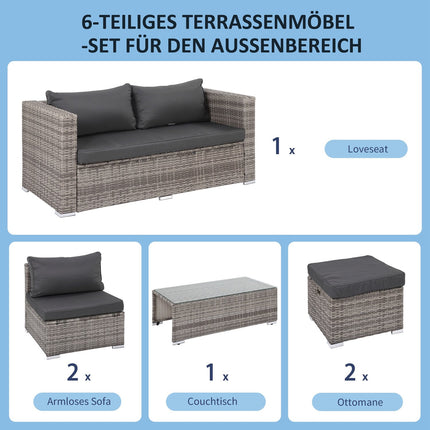 Garden furniture in rattan, 6 parts, metal frame, gray