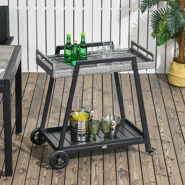 Rattan outdoor bar cart, gray - shelves & handles