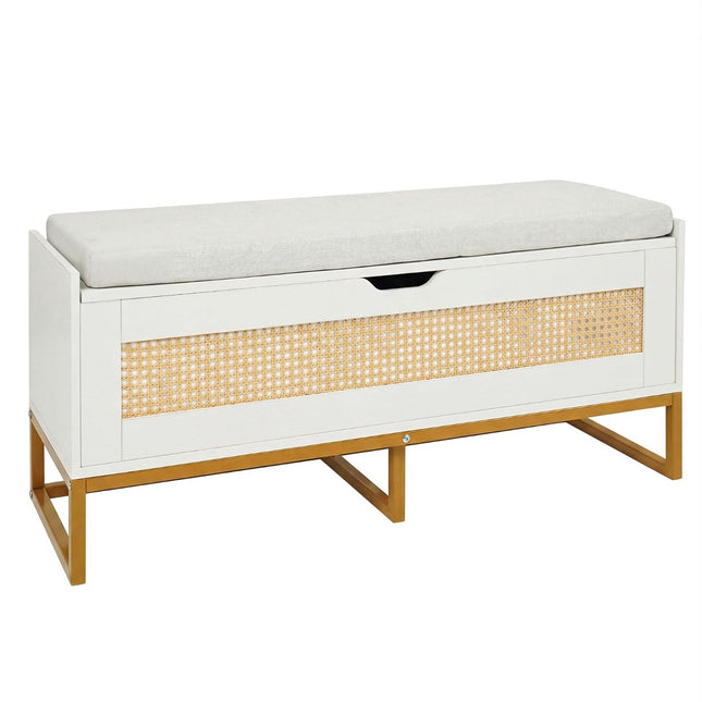 Rattan Shoe Bench with Padded Seat, 200kg Capacity, White