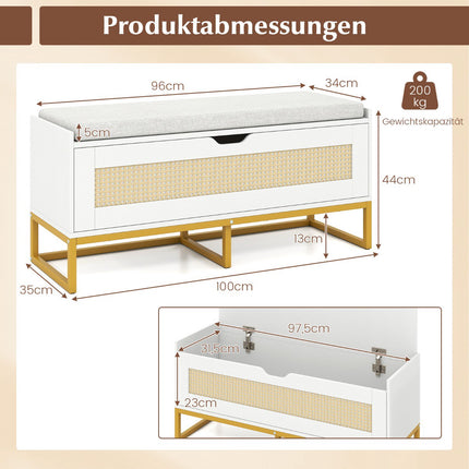 Rattan Shoe Bench with Padded Seat, 200kg Capacity, White