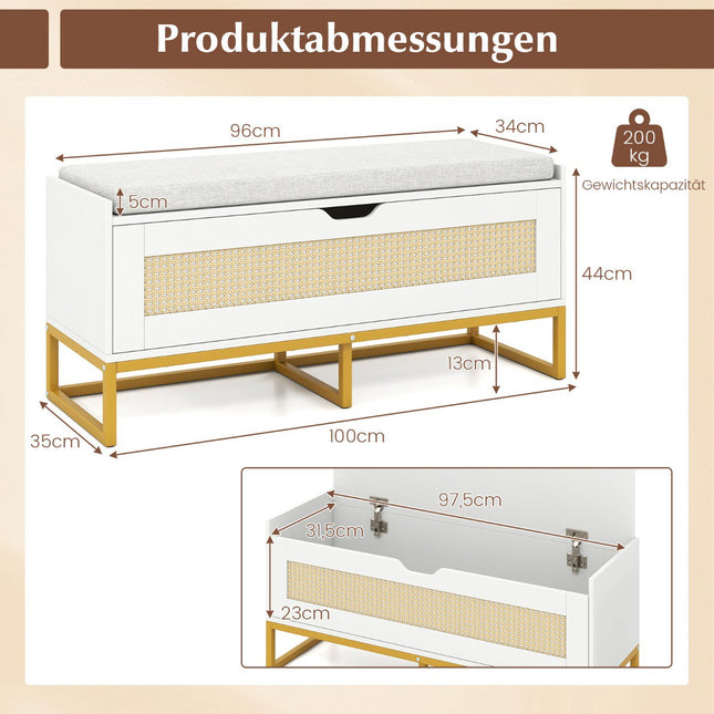Rattan Shoe Bench with Padded Seat, 200kg Capacity, White