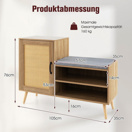 Rattan Shoe Cabinet with Bench 2-in-1 Shoe Changing Bench with 3 Adjustable Shelves 105 x 35 x 76 cm Natural