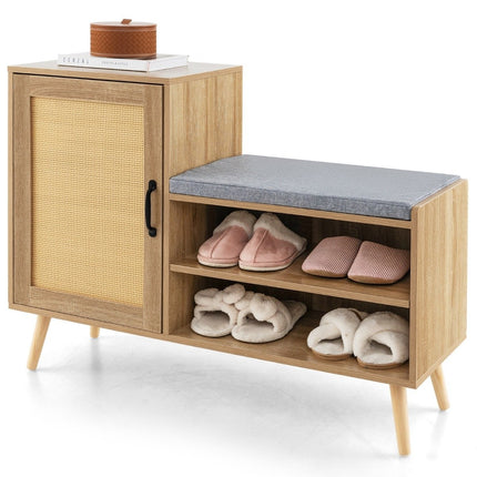 Rattan Shoe Cabinet with Bench 2-in-1 Shoe Changing Bench with 3 Adjustable Shelves 105 x 35 x 76 cm Natural