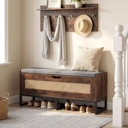 Rattan Shoe Storage Bench With Upholstered Seat, 100 cm