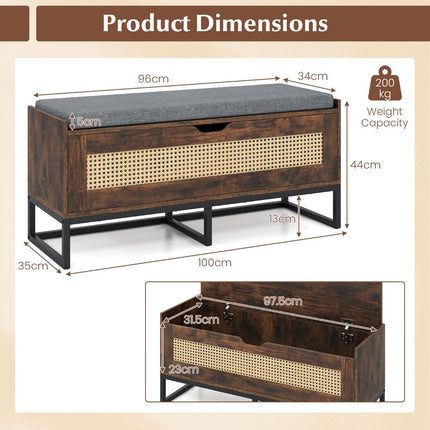 Rattan Shoe Storage Bench With Upholstered Seat, 100 cm