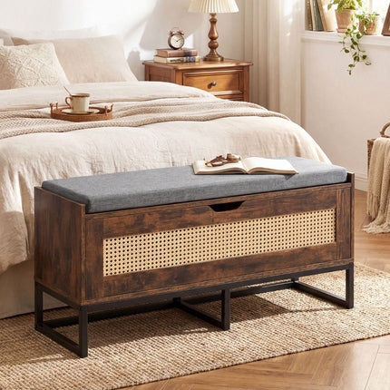 Rattan Shoe Storage Bench With Upholstered Seat, 100 cm