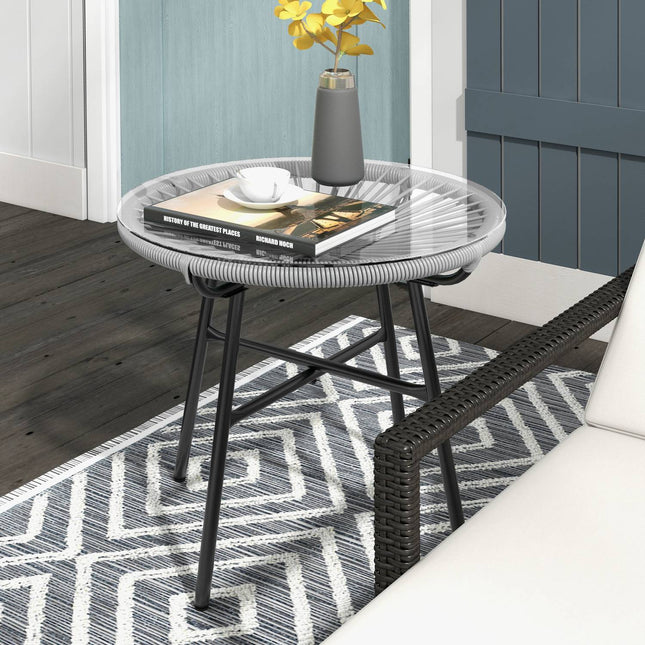 Round rattan coffee table - Glass top, 50x50x50cm, black/grey