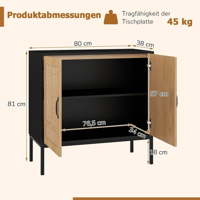 Rattan Sideboard, Adjustable Shelf, 2 Doors, Black