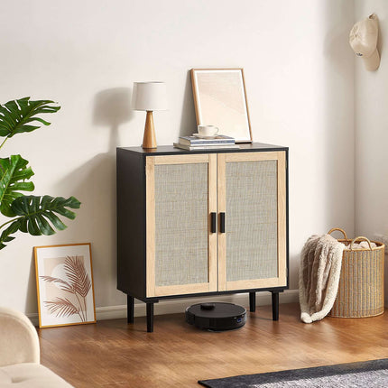 Rattan Storage Cabinet, 2 Doors, Adjustable Shelves, Black