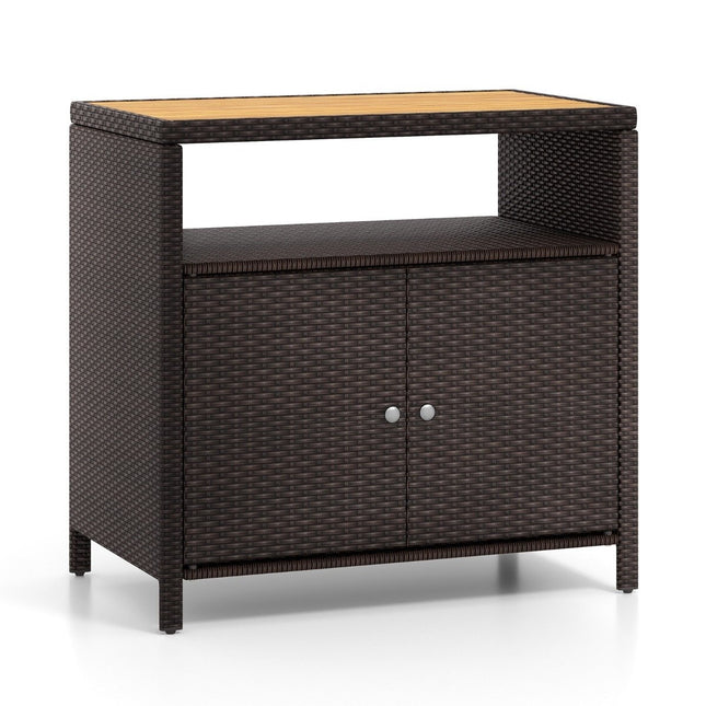 Rattan Storage Cabinet with Acacia Wood Countertop &amp; Open compartment brown