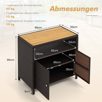 Rattan Storage Cabinet with Acacia Wood Countertop &amp; Open compartment brown