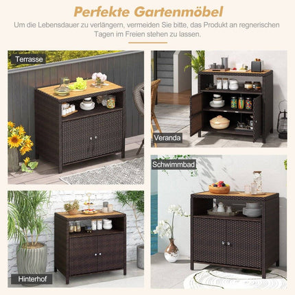 Rattan Storage Cabinet with Acacia Wood Countertop &amp; Open compartment brown