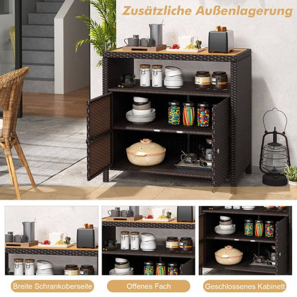 Rattan Storage Cabinet with Acacia Wood Countertop &amp; Open compartment brown