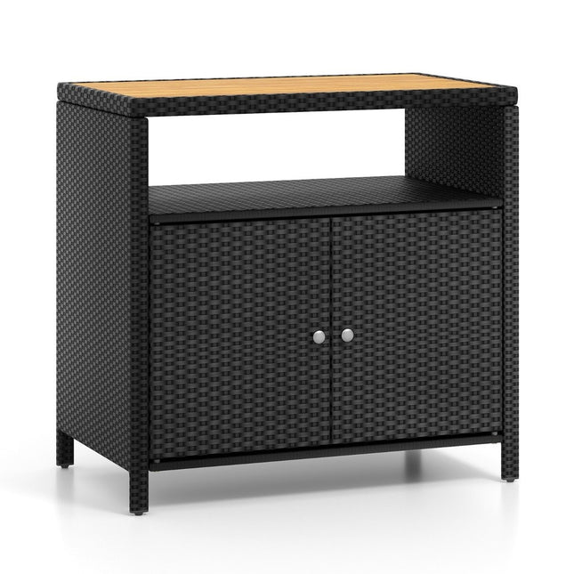 Rattan Storage Cabinet with Acacia Wood Top, Black