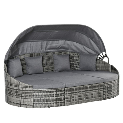 Sun lounger set in rattan with canopy and cushions, gray 230x145x80 cm